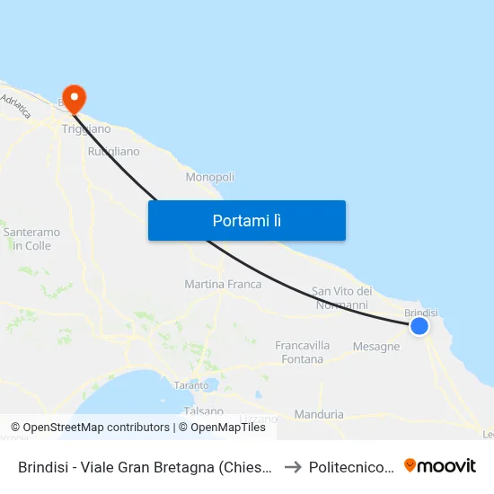 Brindisi - Viale Gran Bretagna (Chiesa) - Dir. Capolinea to Politecnico Di Bari map