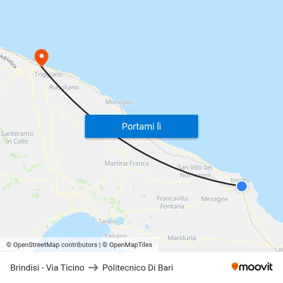 Brindisi - Via Ticino to Politecnico Di Bari map