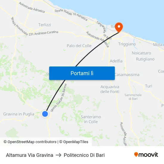 Altamura Via Gravina to Politecnico Di Bari map