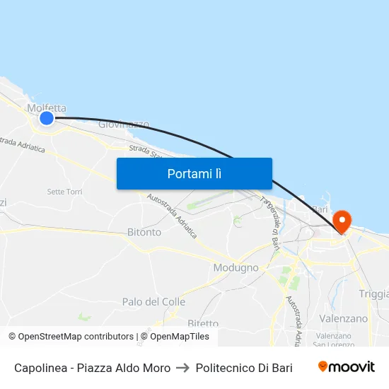 Capolinea - Piazza Aldo Moro to Politecnico Di Bari map