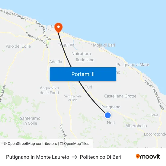 Putignano In Monte Laureto to Politecnico Di Bari map