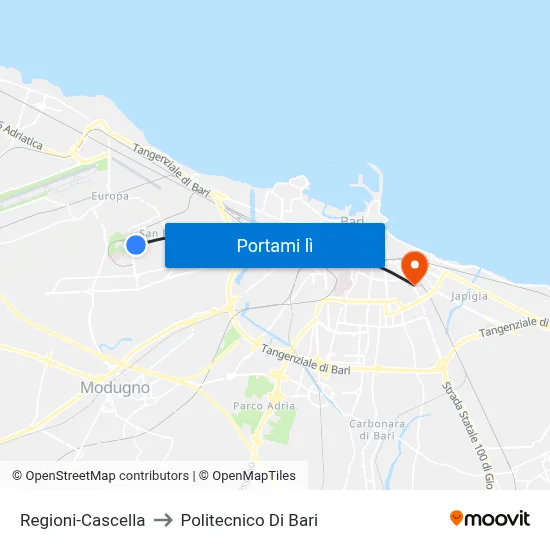 Regioni-Cascella to Politecnico Di Bari map