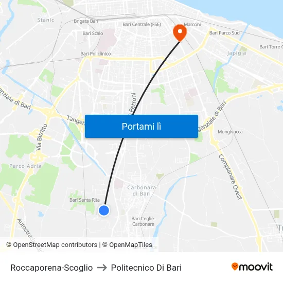 Roccaporena-Scoglio to Politecnico Di Bari map