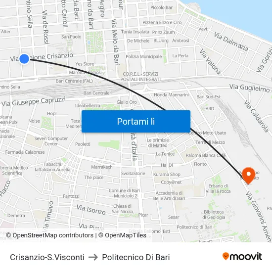 Crisanzio-S.Visconti to Politecnico Di Bari map