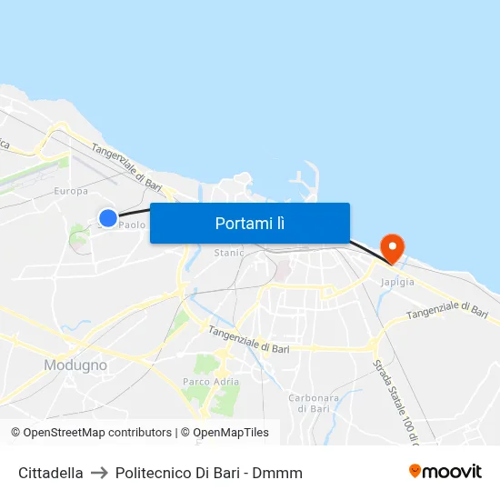 Cittadella to Politecnico Di Bari - Dmmm map