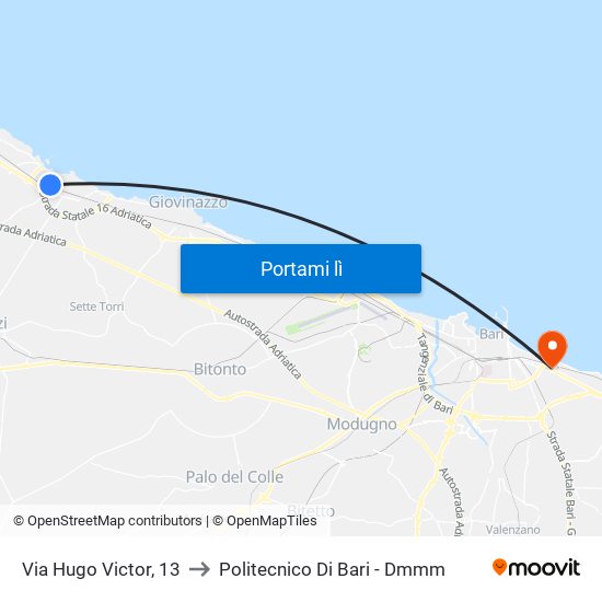 Via Hugo Victor, 13 to Politecnico Di Bari - Dmmm map