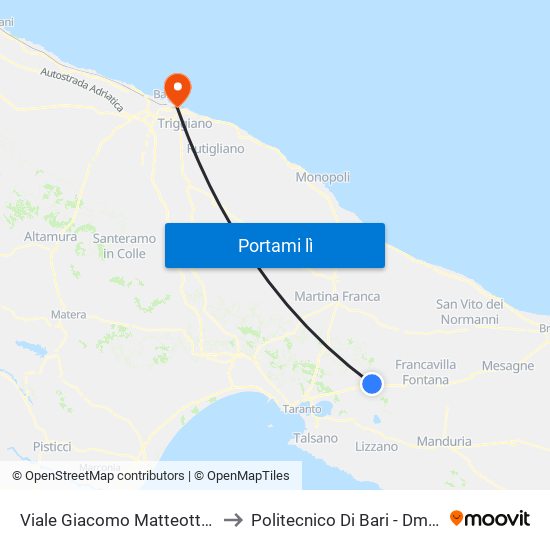 Viale Giacomo Matteotti, 80 to Politecnico Di Bari - Dmmm map