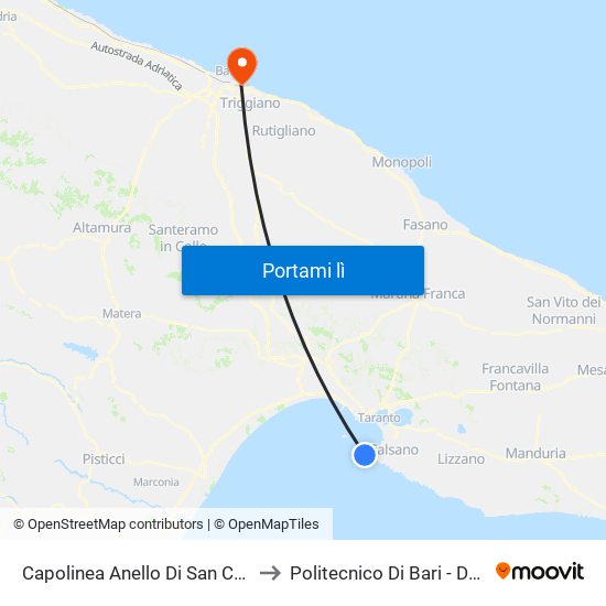 Capolinea Anello Di San Cataldo to Politecnico Di Bari - Dmmm map