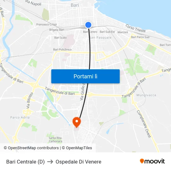 Bari Centrale (D) to Ospedale Di Venere map