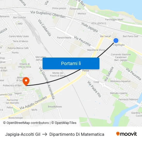 Japigia-Accolti Gil to Dipartimento Di Matematica map