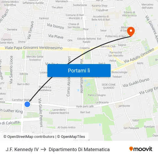 J.F. Kennedy IV to Dipartimento Di Matematica map