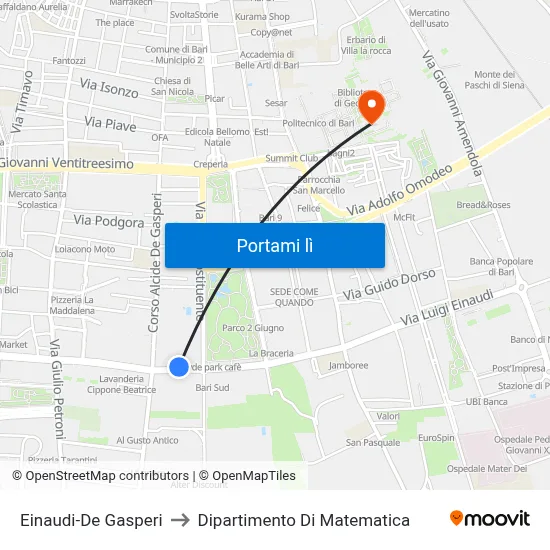 Einaudi-De Gasperi to Dipartimento Di Matematica map