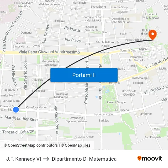 J.F. Kennedy VI to Dipartimento Di Matematica map