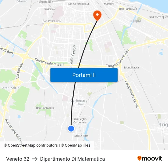 Veneto 32 to Dipartimento Di Matematica map