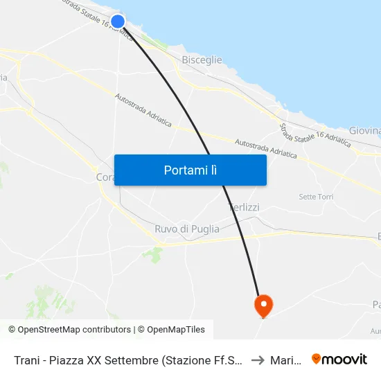 Trani - Piazza XX Settembre (Stazione Ff.Ss.) - Cap Sud to Mariotto map