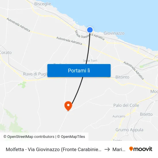 Molfetta - Via Giovinazzo (Fronte Carabinieri) - Capolinea to Mariotto map