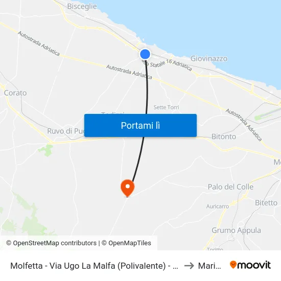 Molfetta - Via Ugo La Malfa (Polivalente) - Capolinea to Mariotto map