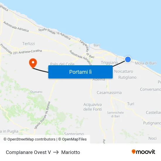 Complanare Ovest V to Mariotto map
