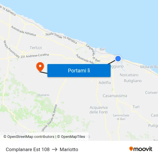 Complanare Est 108 to Mariotto map