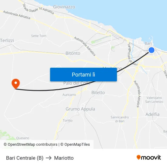 Bari Centrale (B) to Mariotto map