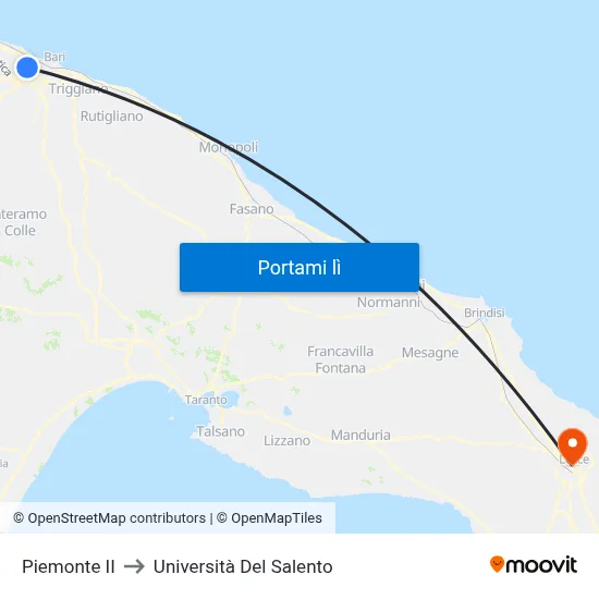 Piemonte II to Università Del Salento map