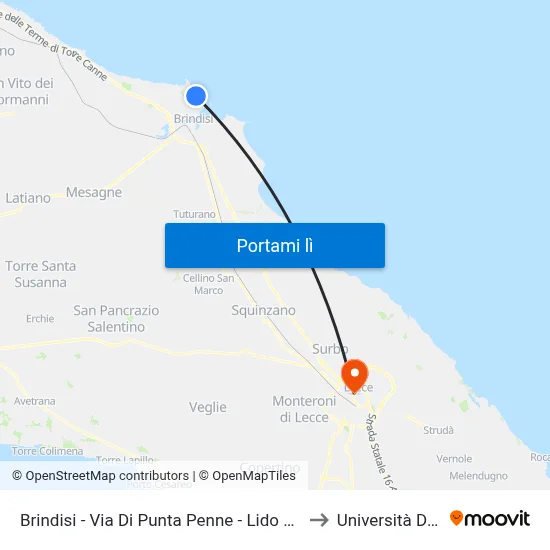 Brindisi - Via Di Punta Penne - Lido Cavallino Bianco 4 to Università Del Salento map
