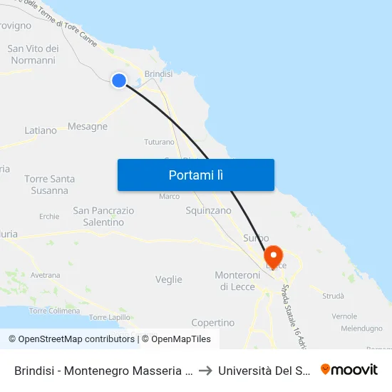 Brindisi - Montenegro Masseria Restinco to Università Del Salento map