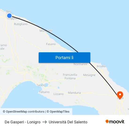 De Gasperi - Lonigro to Università Del Salento map