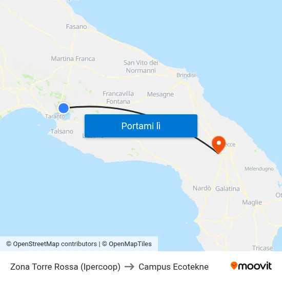 Zona Torre Rossa (Ipercoop) to Campus Ecotekne map