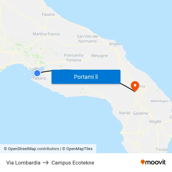 Via Lombardia to Campus Ecotekne map