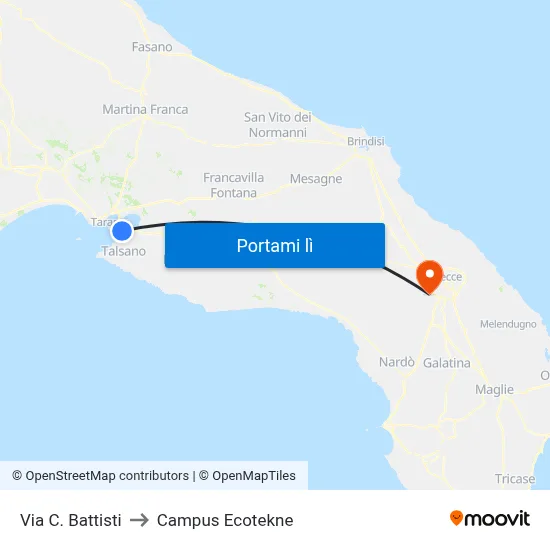 Via C. Battisti to Campus Ecotekne map