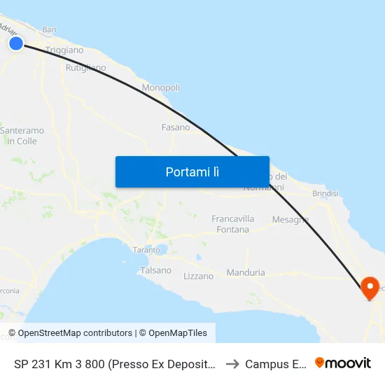 SP 231 Km 3 800 (Presso Ex Deposito Standa - Ce.Di. Md.) to Campus Ecotekne map