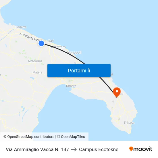 Via Ammiraglio Vacca N. 137 to Campus Ecotekne map