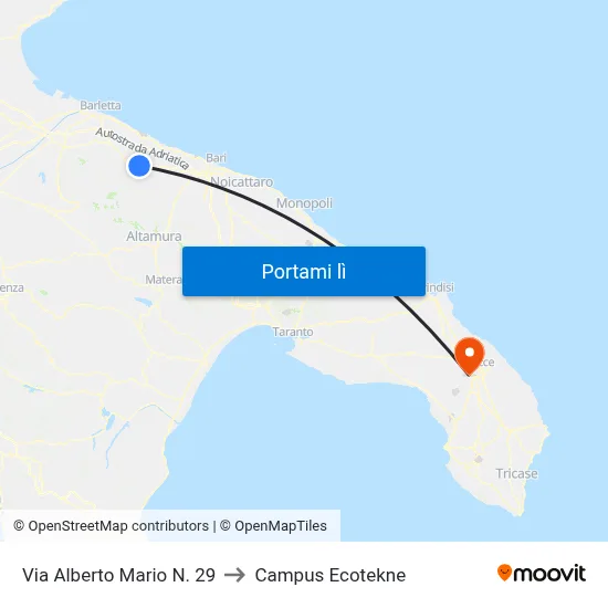 Via Alberto Mario N. 29 to Campus Ecotekne map