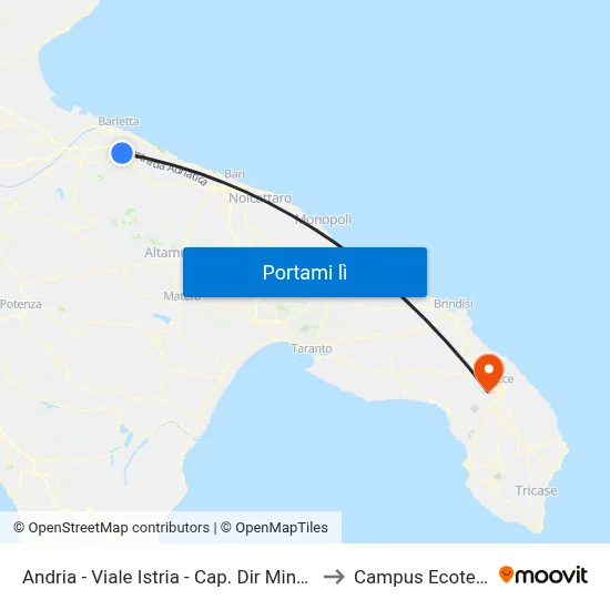Andria - Viale Istria - Cap. Dir Minervino to Campus Ecotekne map
