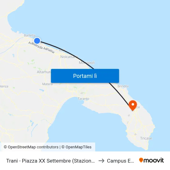 Trani - Piazza XX Settembre (Stazione Ff.Ss.) - Cap Sud to Campus Ecotekne map