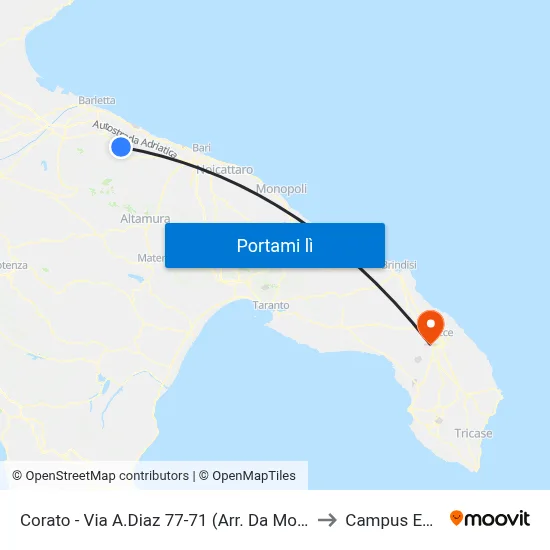 Corato - Via A.Diaz 77-71 (Arr. Da Molfetta - Capolinea) to Campus Ecotekne map