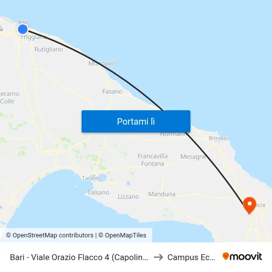Bari - Viale Orazio Flacco 4 (Capolinea Policlinico) to Campus Ecotekne map