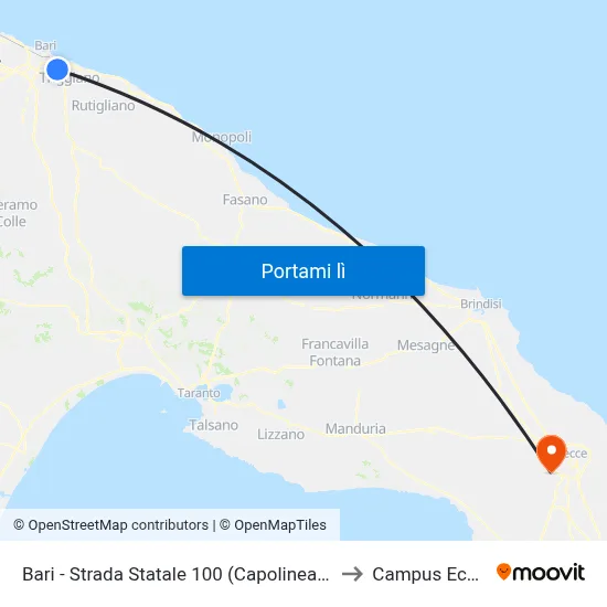 Bari - Strada Statale 100 (Capolinea Mungivacca) to Campus Ecotekne map