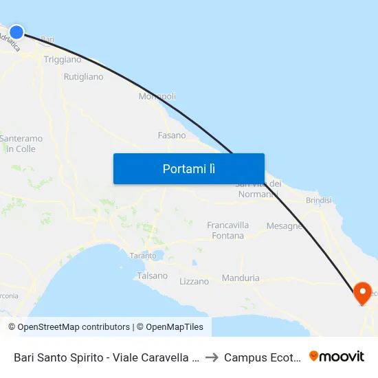 Bari Santo Spirito - Viale Caravella (Catino) to Campus Ecotekne map