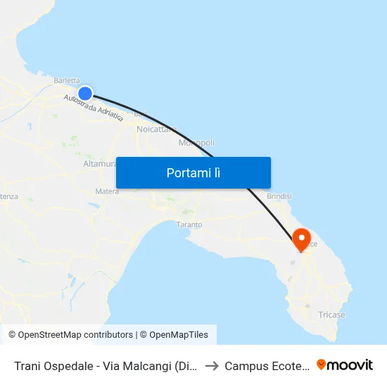 Trani Ospedale - Via Malcangi (Dir Sud) to Campus Ecotekne map