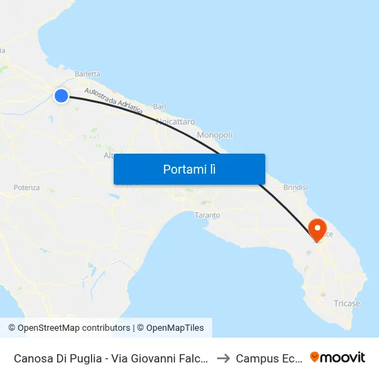 Canosa Di Puglia - Via Giovanni Falcone 52 (167 Arr) to Campus Ecotekne map