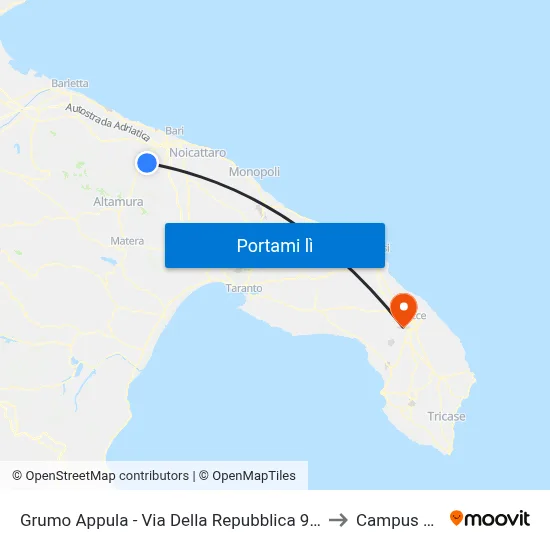 Grumo Appula - Via Della Repubblica 90 Cap. Prov. Sannicandro to Campus Ecotekne map