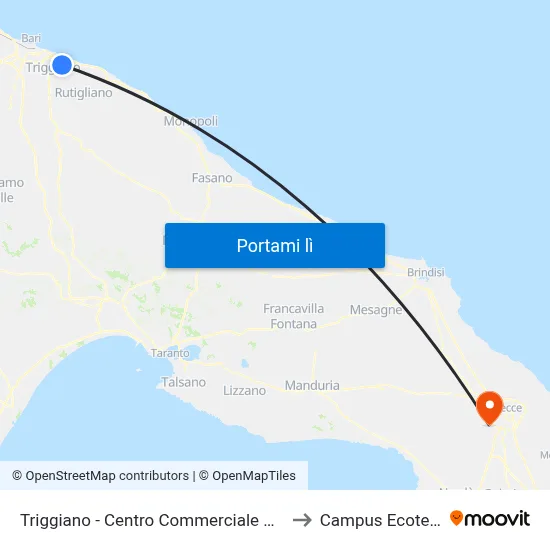 Triggiano - Centro Commerciale Bariblù to Campus Ecotekne map