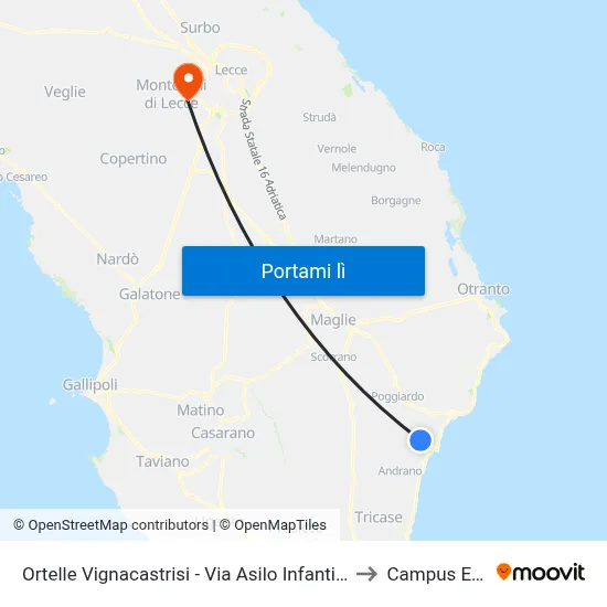 Ortelle Vignacastrisi - Via Asilo Infantile 76 - Salento In Bus to Campus Ecotekne map