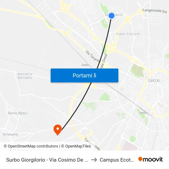 Surbo Giorgilorio - Via Cosimo De Giorgi 2 to Campus Ecotekne map