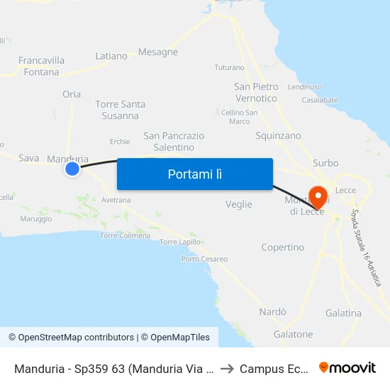 Manduria - Sp359 63 (Manduria Via Per Avetrana) to Campus Ecotekne map