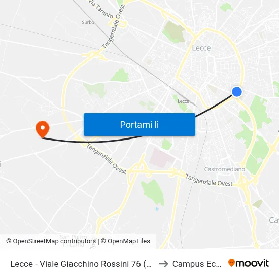Lecce - Viale Giacchino Rossini 76 (Palazzo Toma) to Campus Ecotekne map