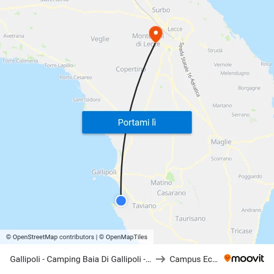 Gallipoli - Camping Baia Di Gallipoli - Salento In Bus to Campus Ecotekne map