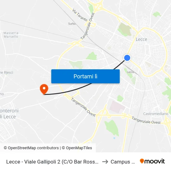 Lecce - Viale Gallipoli 2 (C/O Bar Rosso E Nero) - Salento In Bus to Campus Ecotekne map